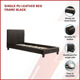 Single PU Leather Bed Frame Black - Side View