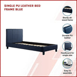 Single PU Leather Bed Frame Blue - Side View