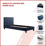 Single PU Leather Bed Frame Blue - Side View