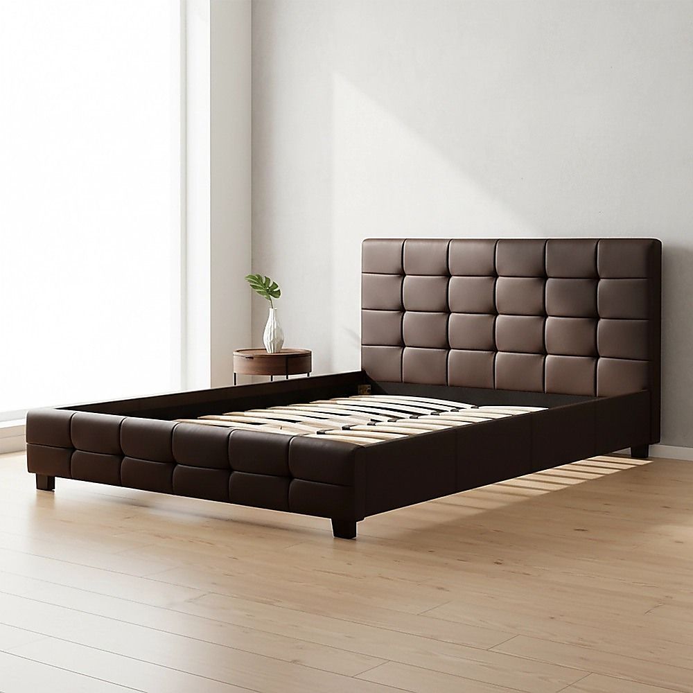Queen PU Leather Deluxe Bed Frame Brown