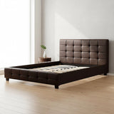 Queen PU Leather Deluxe Bed Frame Brown - Front View