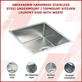 490x440mm Handmade Stainless Steel Undermount / Topmount Kitchen Laundry Sink with Waste - Side View