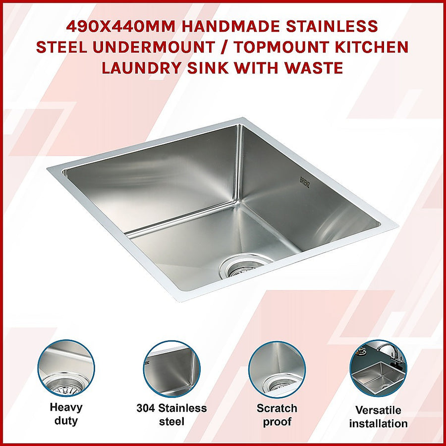 490x440mm Handmade Stainless Steel Undermount / Topmount Kitchen Laundry Sink with Waste, image 3