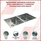 865x440mm Handmade Stainless Steel Undermount / Topmount Kitchen Sink with Waste - Side View