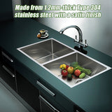 865x440mm Handmade Stainless Steel Undermount / Topmount Kitchen Sink with Waste - Low Angle