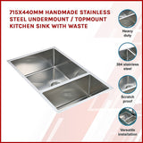 715x440mm Handmade Stainless Steel Undermount / Topmount Kitchen Sink with Waste - Side View