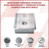 820x457mm Handmade Stainless Steel Undermount / Topmount Kitchen Laundry Sink with Waste - Side View