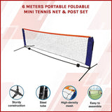 6 Meters Portable Foldable Mini Tennis Net & Post Set - Side View