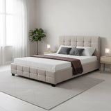 Linen Fabric Double Deluxe Bed Frame Beige - Close-Up Angle