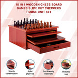 10 in 1 Wooden Chess Board Games Slide Out Checkers House Unit Set - Front View