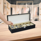 6 Slot Mens Watch Display Case Box Black PU Leather - Front View