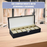 6 Slot Mens Watch Display Case Box Black PU Leather - Low Angle