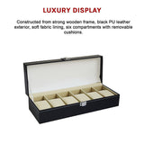 6 Slot Mens Watch Display Case Box Black PU Leather - Extra Image