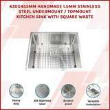 430x455mm Handmade 1.5mm Stainless Steel Undermount / Topmount Kitchen Sink with Square Waste - Side View