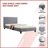King Single Linen Fabric Bed Frame Grey - Side View