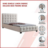 King Single Linen Fabric Deluxe Bed Frame Beige - Side View