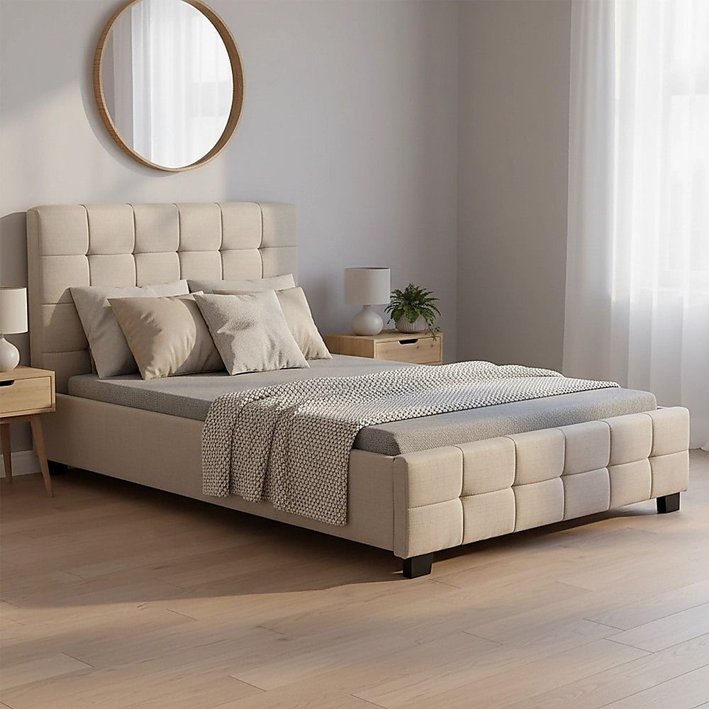 King Single Linen Fabric Deluxe Bed Frame Beige