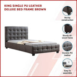 King Single PU Leather Deluxe Bed Frame Brown - Side View