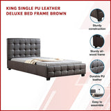 King Single PU Leather Deluxe Bed Frame Brown - Side View