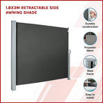 Grey retractable side awning shade, 1.8 x 3m, polyester with steel frame, automatic roll-back