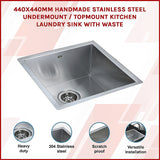 440x440mm Handmade Stainless Steel Undermount / Topmount Kitchen Laundry Sink with Waste - Side View