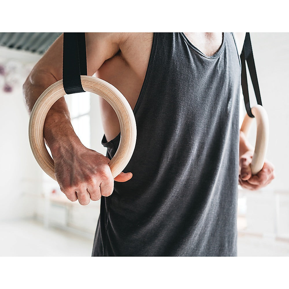 Birch Wood Gymnastic Rings with Adjustable Straps  Strength & Calisthenics Training