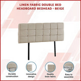Linen Fabric Double Bed Deluxe Headboard Bedhead - Beige - Side View