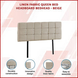 Linen Fabric Queen Bed Deluxe Headboard Bedhead - Beige - Side View