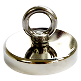 Round Neodymium Fishing Magnet with Countersunk Hole and Eyebolt, 500 LBS pull - Close-Up Angle
