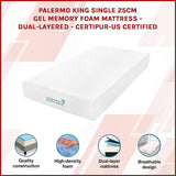 Palermo King Single 25cm Gel Memory Foam Mattress - Dual-Layered - CertiPUR-US Certified - Side View