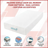 Palermo Single 25cm Gel Memory Foam Mattress - Dual-Layered - CertiPUR-US Certified - Side View