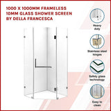 1000 x 1000mm Frameless 10mm Glass Shower Screen By Della Francesca - Side View