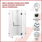 900 x 900mm Frameless 10mm Glass Shower Screen By Della Francesca - Side View