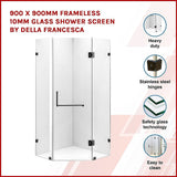 900 x 900mm Frameless 10mm Glass Shower Screen By Della Francesca - Side View
