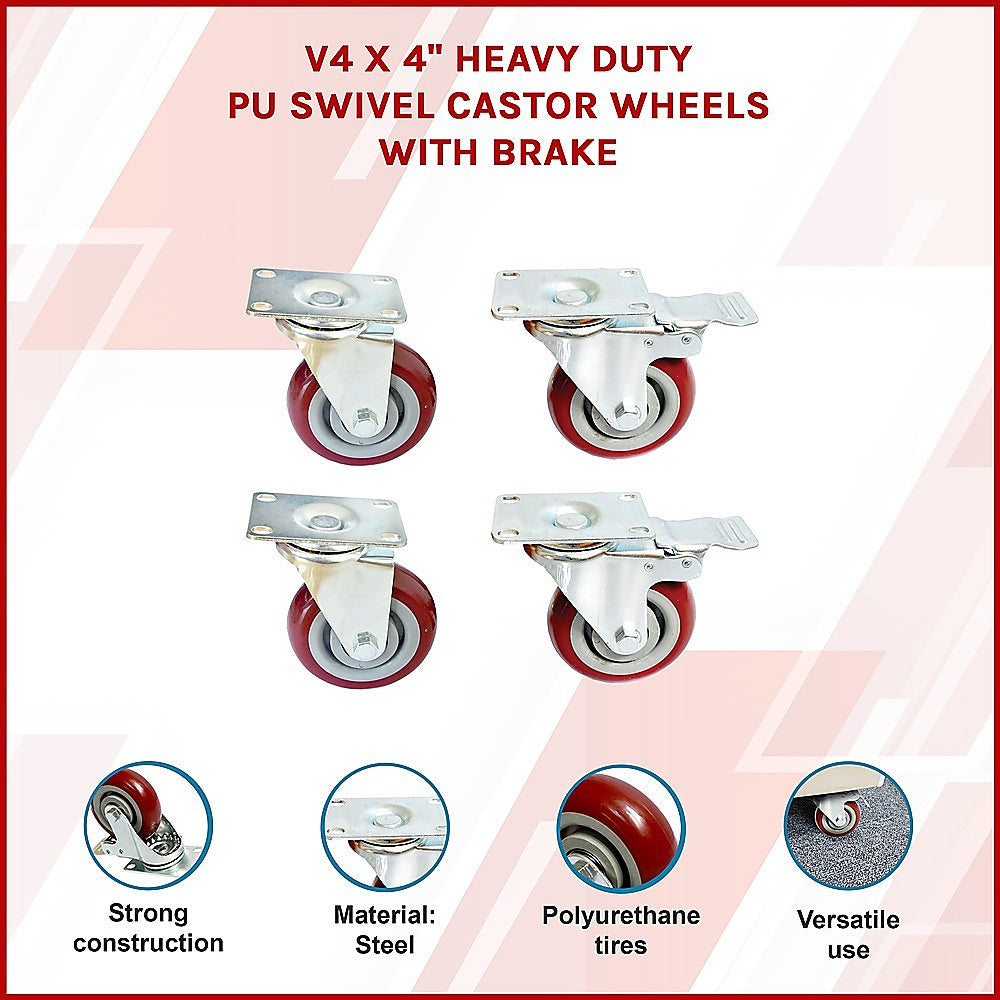 4 x 4 Heavy Duty PU Swivel Castor Wheels With Brake