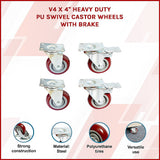 4 x 4 Heavy Duty PU Swivel Castor Wheels With Brake