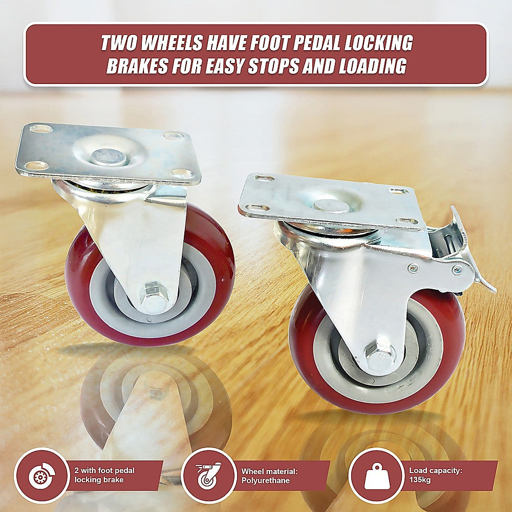 4 x 4 Heavy Duty PU Swivel Castor Wheels With Brake