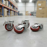 4 x 4 Heavy Duty PU Swivel Castor Wheels With Brake - Front View