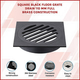 Square Black Floor Grate Drain 110 mm Full Brass Construction