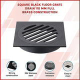 Square Black Floor Grate Drain 110 mm Full Brass Construction - Side View