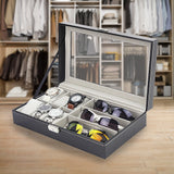 6+3 Grid Watch Sunglass Eyeglasses Display Box Case Storage Organizer PU Leather - Rear View