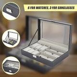 6+3 Grid Watch Sunglass Eyeglasses Display Box Case Storage Organizer PU Leather - Low Angle