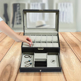 12 Grids Watch Display Case Leather jewellery Storage Box Organiser Lock Key - Front View