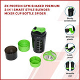 2x Protein Gym Shaker Premium 3 in 1 Smart Style Blender Mixer Cup Bottle Spider - Side View