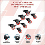 8 x 2 Polyurethane Castor Wheels - Swivel and 4 with brake