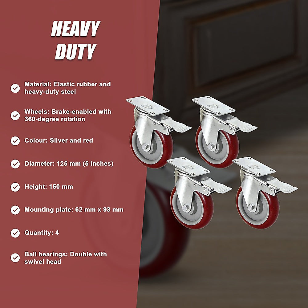 4 X 5 Heavy Duty 400kg Swivel Castor Wheels Trolley Furniture Caster All Brake