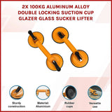 2x 100kg Aluminum Alloy Double Locking Suction Cup Glazer Glass Sucker Lifter - Side View