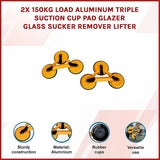 2x 150kg Load Aluminum Triple Suction Cup Pad Glazer Glass Sucker Remover Lifter