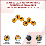 2x 150kg Load Aluminum Triple Suction Cup Pad Glazer Glass Sucker Remover Lifter - Front View