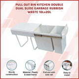 Pull Out Bin Kitchen Double Dual Slide Garbage Rubbish Waste 10L+20L - Side View